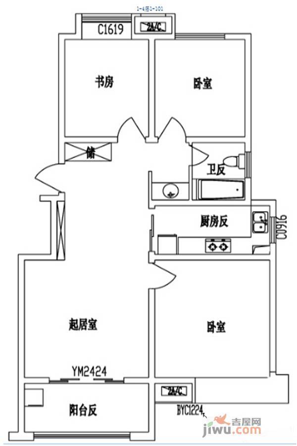 金御蓝湖3室2厅1卫105㎡户型图