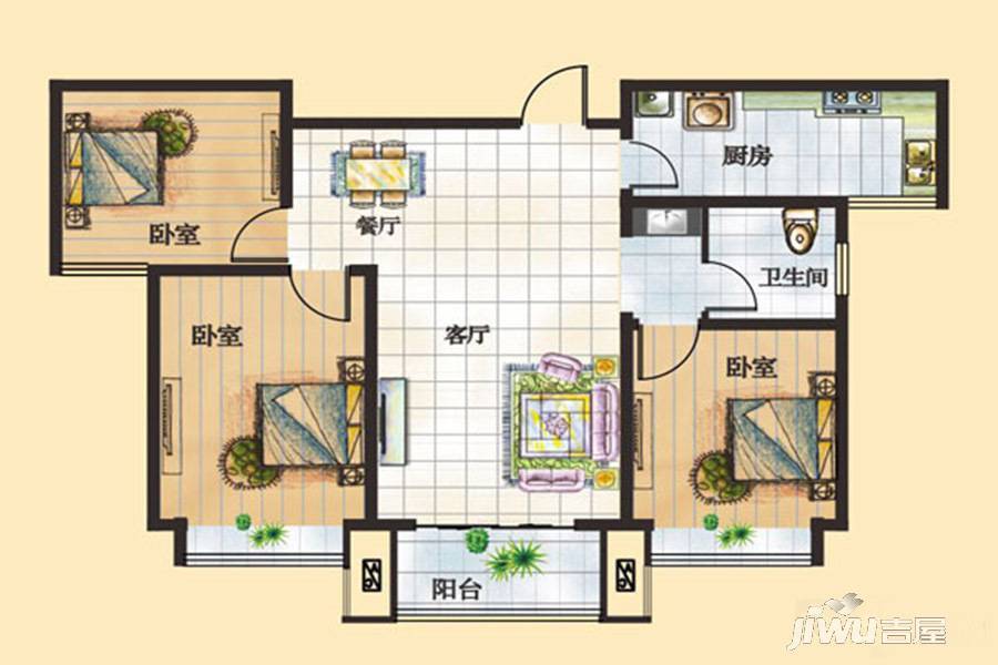 富景国际3室2厅1卫114.2㎡户型图