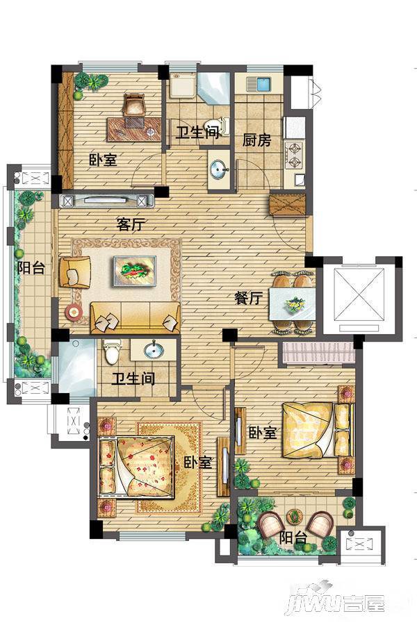 水岸阳光3室2厅2卫107㎡户型图