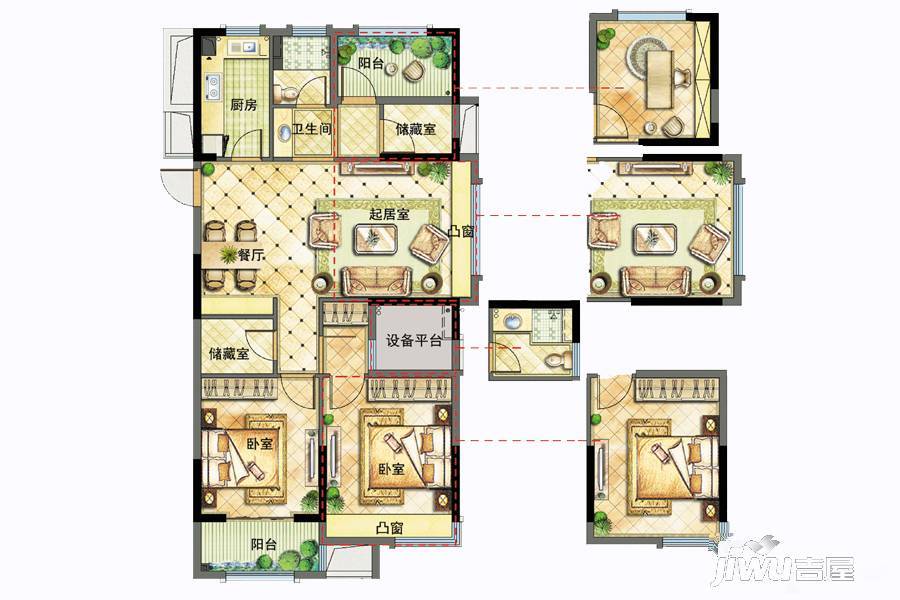 雅戈尔都市南山3室2厅2卫100㎡户型图