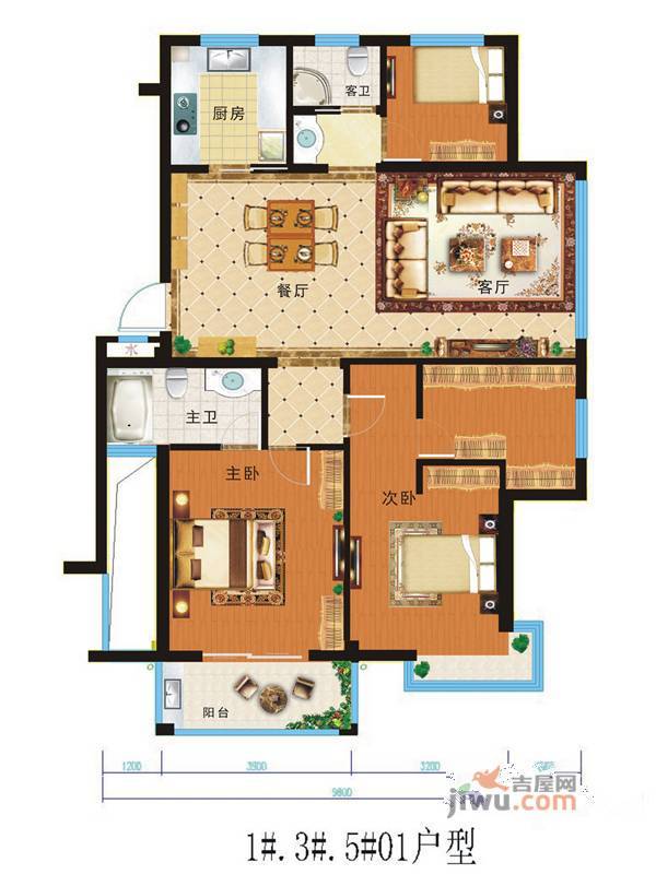 万成水韵江南2室2厅1卫89㎡户型图