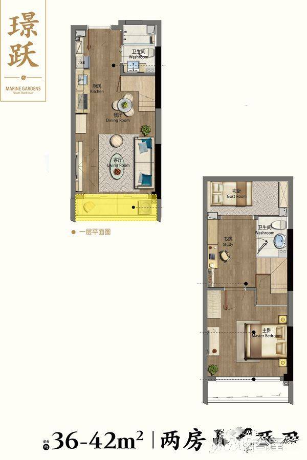 恒威海上花院跃公馆2室2厅2卫36㎡户型图