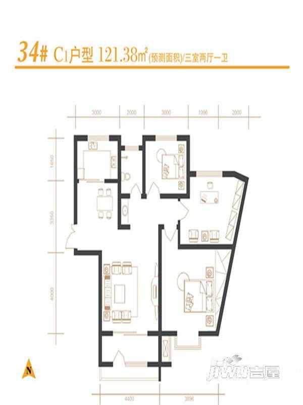 建发宝湖湾3室2厅1卫121.4㎡户型图