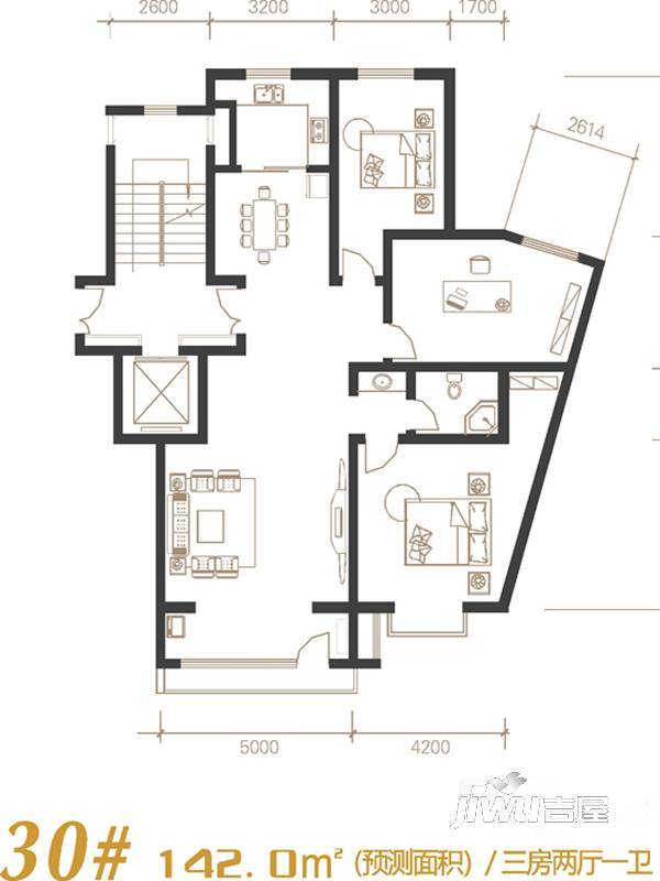 建发宝湖湾3室2厅1卫142㎡户型图