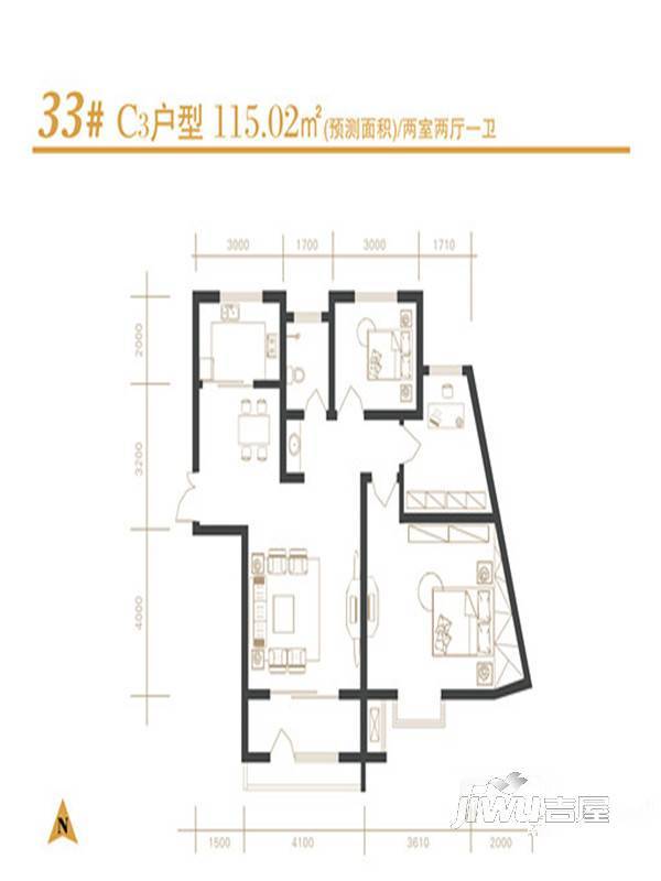 建发宝湖湾2室1厅1卫115㎡户型图