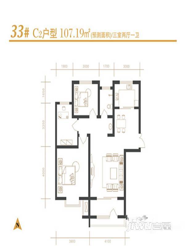 建发宝湖湾3室2厅1卫107.2㎡户型图