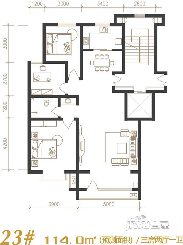 建发宝湖湾3室2厅1卫114㎡户型图