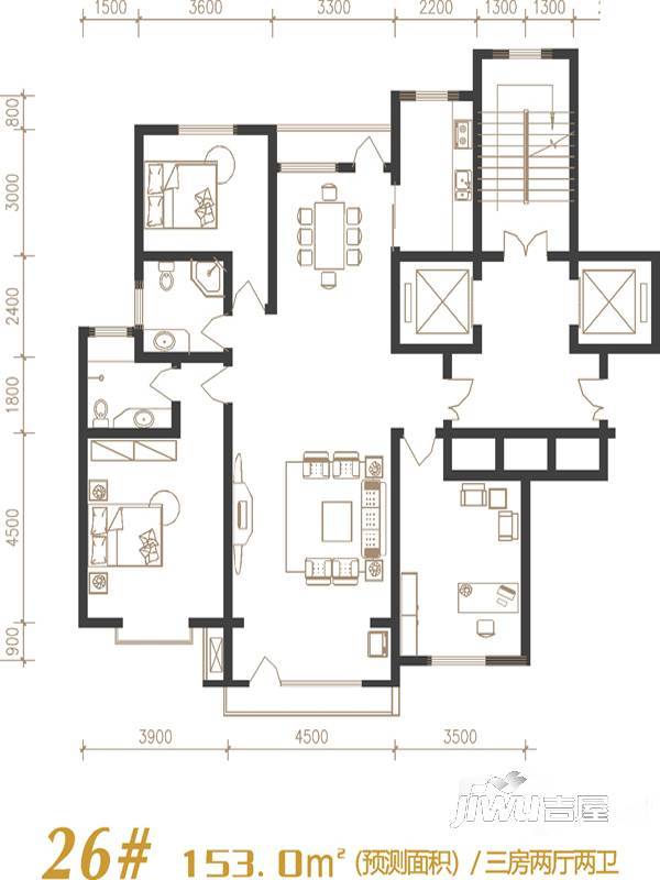 建发宝湖湾3室2厅2卫153㎡户型图