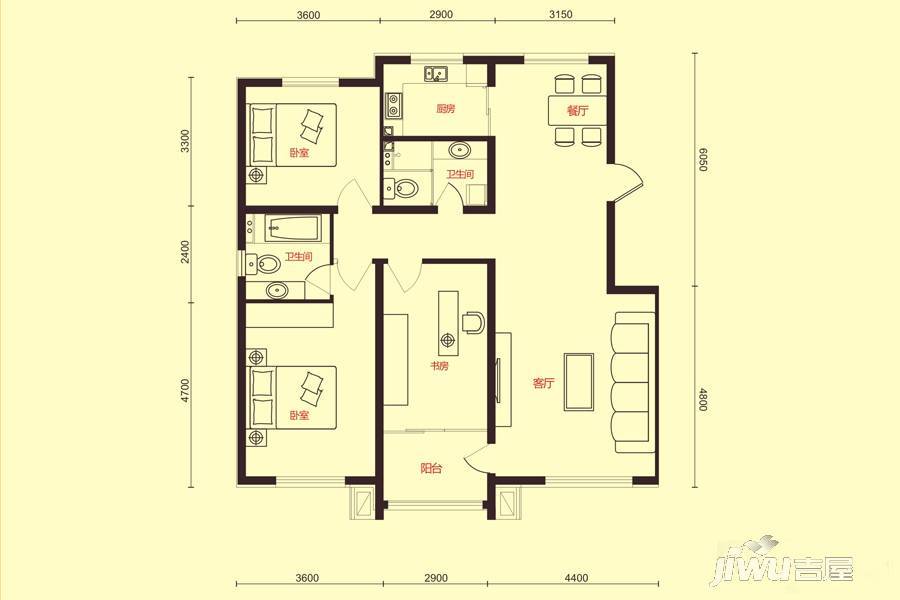 龙马阳光城3室2厅2卫126.9㎡户型图