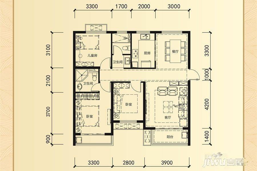 中天新郡四期熙悦3室2厅2卫125㎡户型图