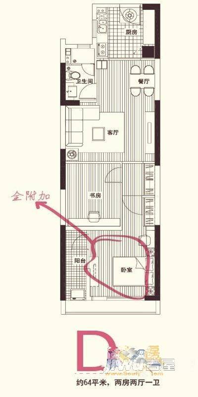 仙林悦城2室2厅1卫64㎡户型图