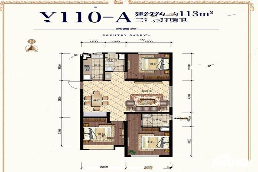 碧桂园保利时代天汇3室2厅1卫113㎡户型图