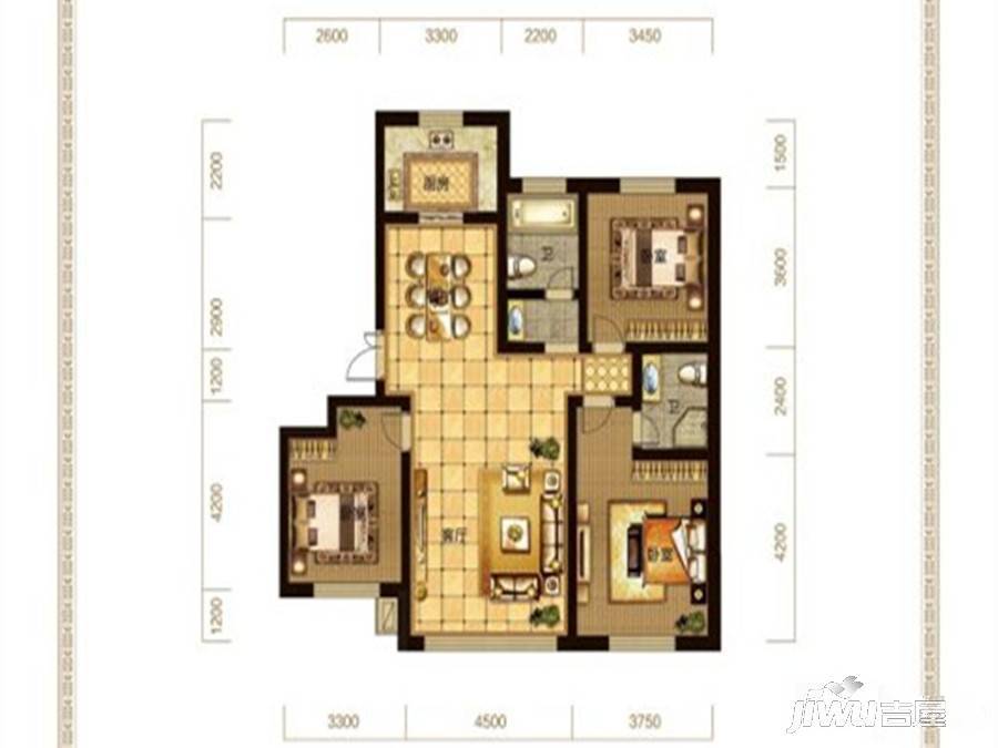 中豪城市之星3室2厅2卫121.6㎡户型图