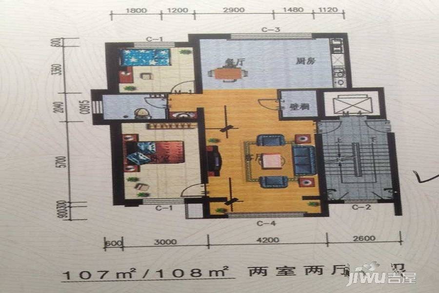 枫景源壹号2室2厅1卫107㎡户型图