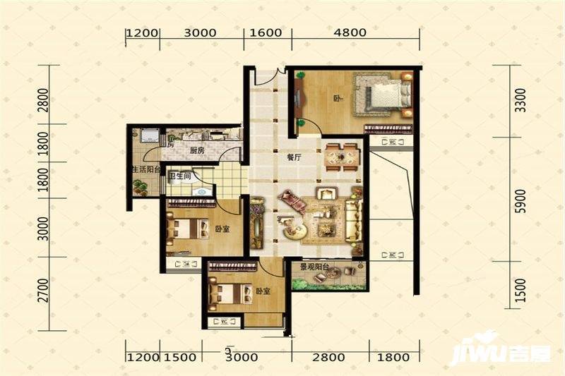 宝捷地产黔中一号3室2厅1卫93㎡户型图