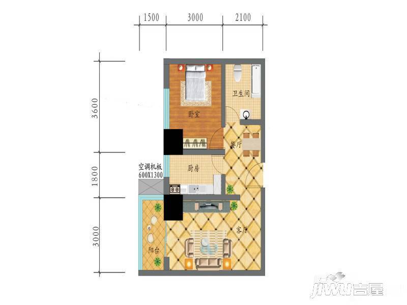 金港新城商住楼1室2厅1卫62.3㎡户型图