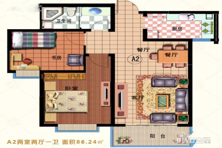 龙林家天下2室2厅1卫86.2㎡户型图