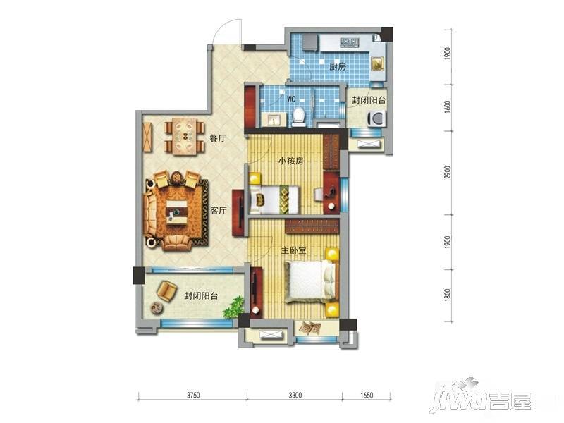 碧桂园城市花园2室2厅1卫93㎡户型图