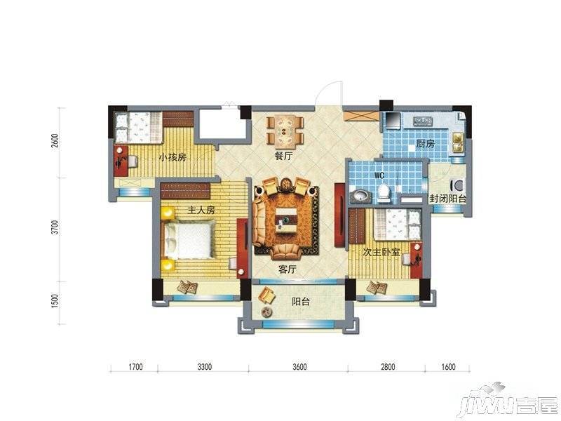 碧桂园城市花园3室2厅1卫93㎡户型图