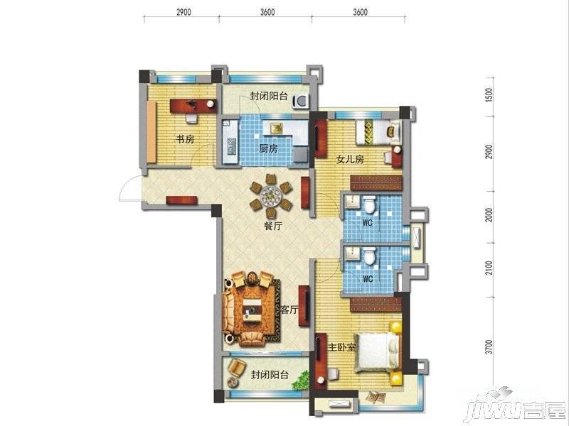 碧桂园城市花园3室2厅2卫115㎡户型图