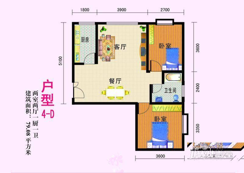 亚太玫瑰园2室2厅1卫79.1㎡户型图