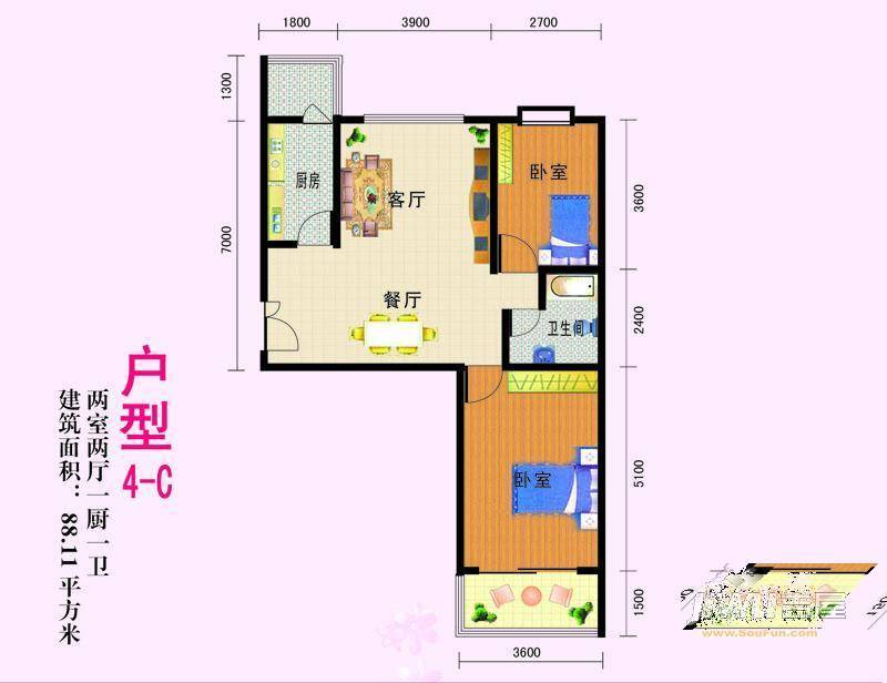 亚太玫瑰园2室2厅1卫88.1㎡户型图