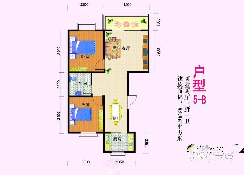 亚太玫瑰园2室2厅1卫95.9㎡户型图