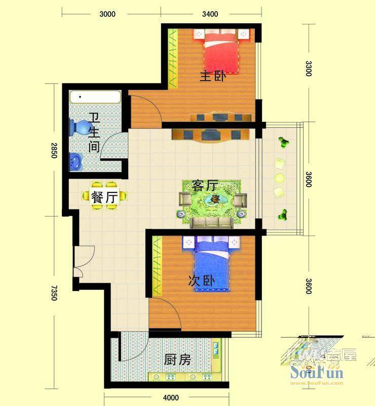 亚太玫瑰园2室2厅1卫100㎡户型图