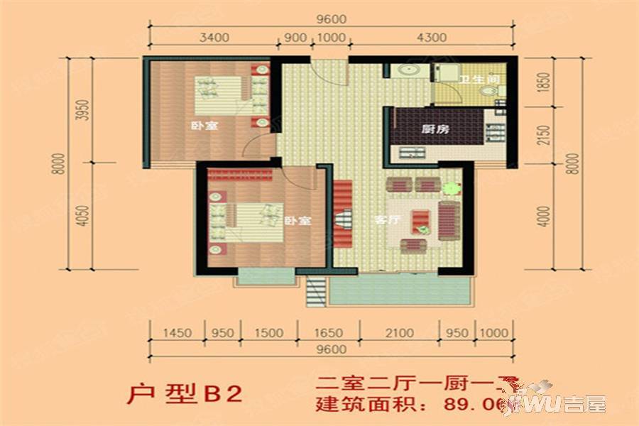 陇亨经适房小区2室2厅1卫89.1㎡户型图