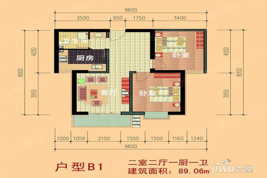 陇亨经适房小区2室2厅1卫89.1㎡户型图