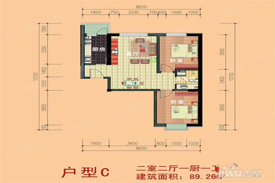 陇亨经适房小区2室2厅1卫89.3㎡户型图