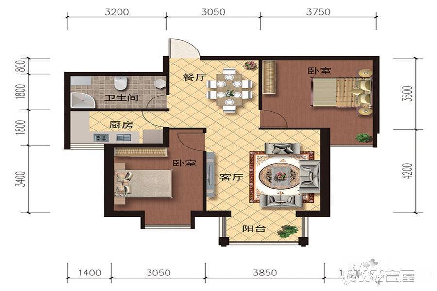 时代海德堡庄园2室2厅1卫90㎡户型图