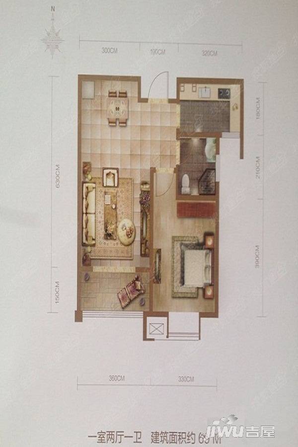 苏力德花园小镇1室2厅1卫69㎡户型图