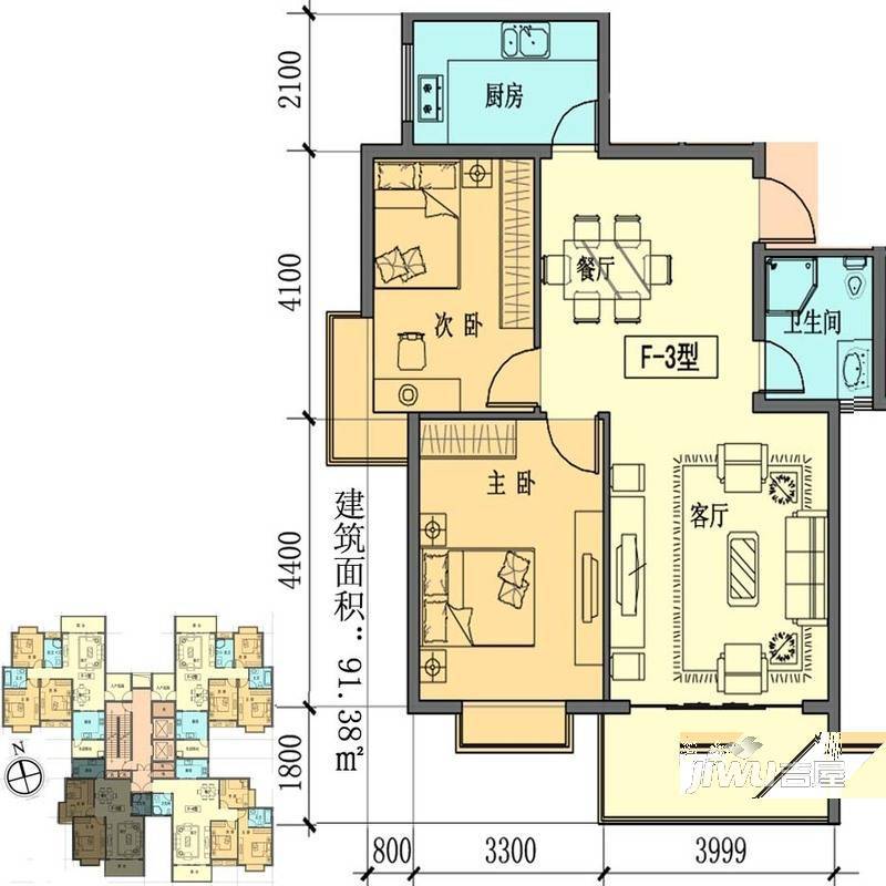 聚福新城2室1厅1卫91.4㎡户型图