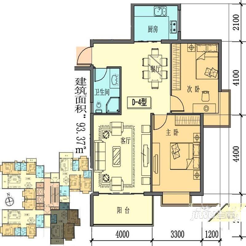 聚福新城2室1厅1卫93.4㎡户型图