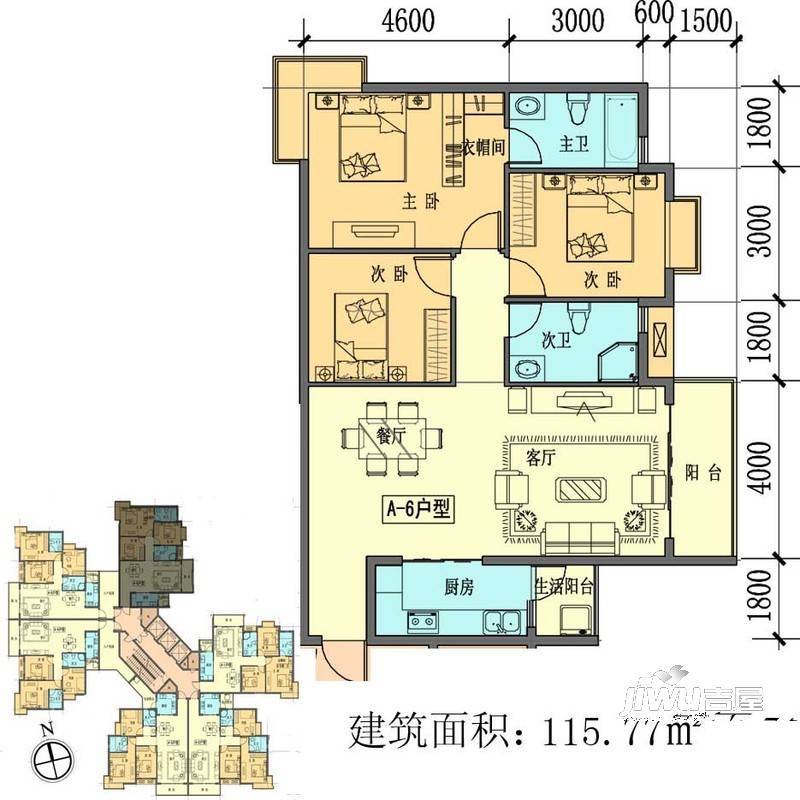 聚福新城3室1厅2卫115.8㎡户型图