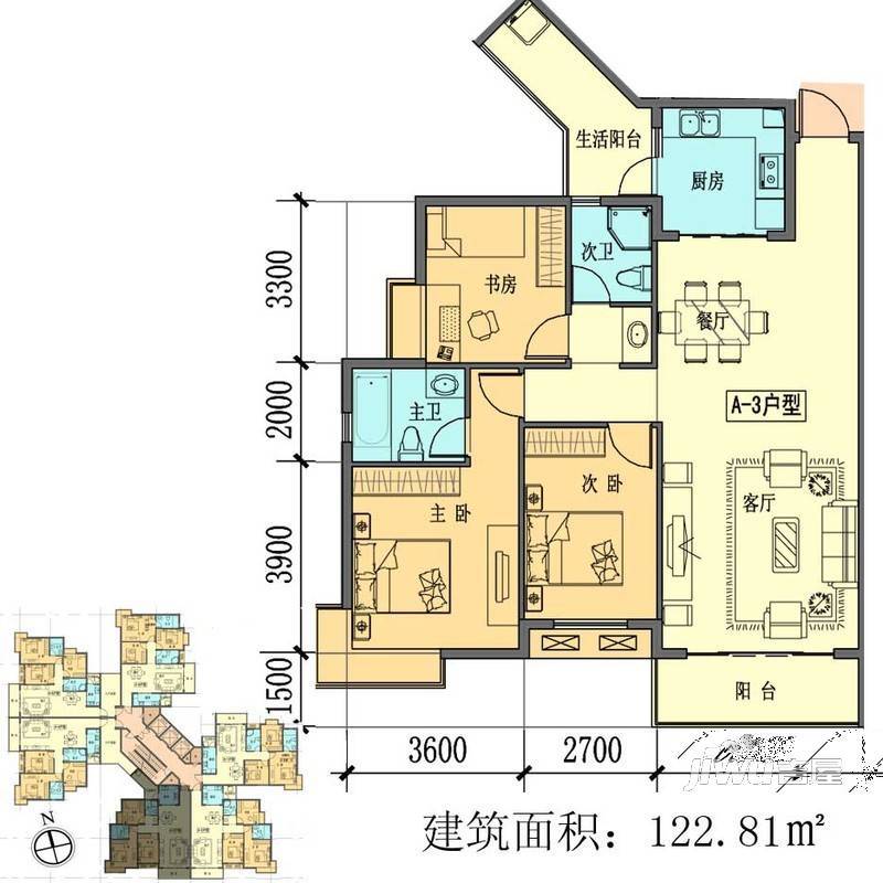 聚福新城3室1厅2卫122.8㎡户型图