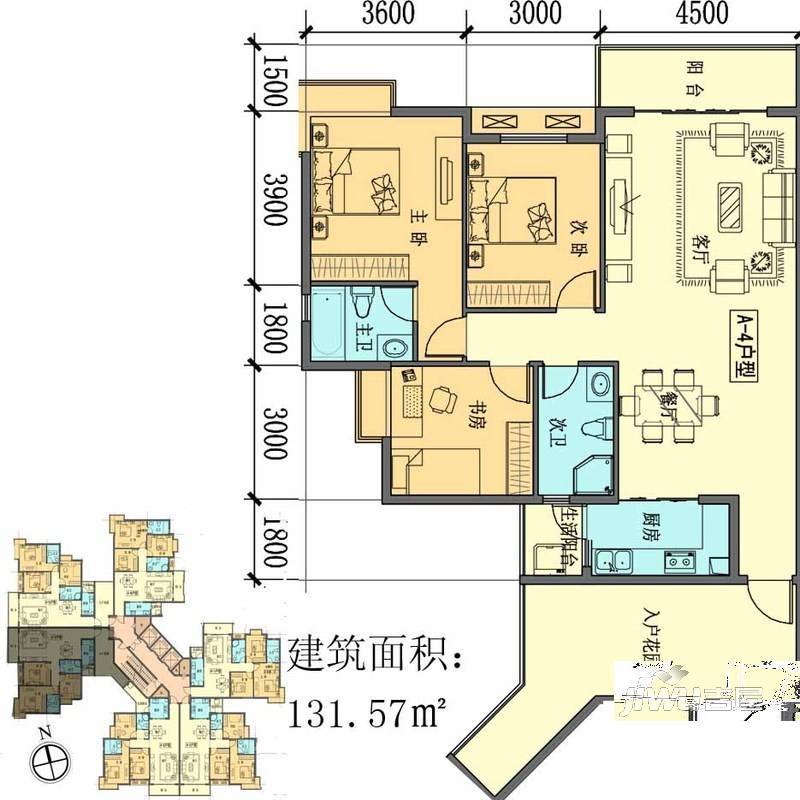 聚福新城3室1厅2卫131.6㎡户型图