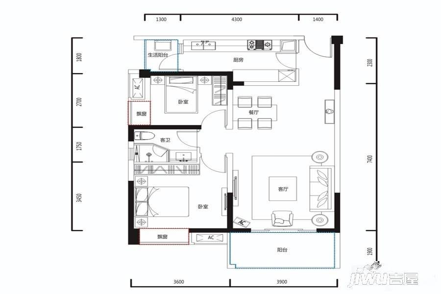 恒大天府半岛2室2厅1卫88㎡户型图