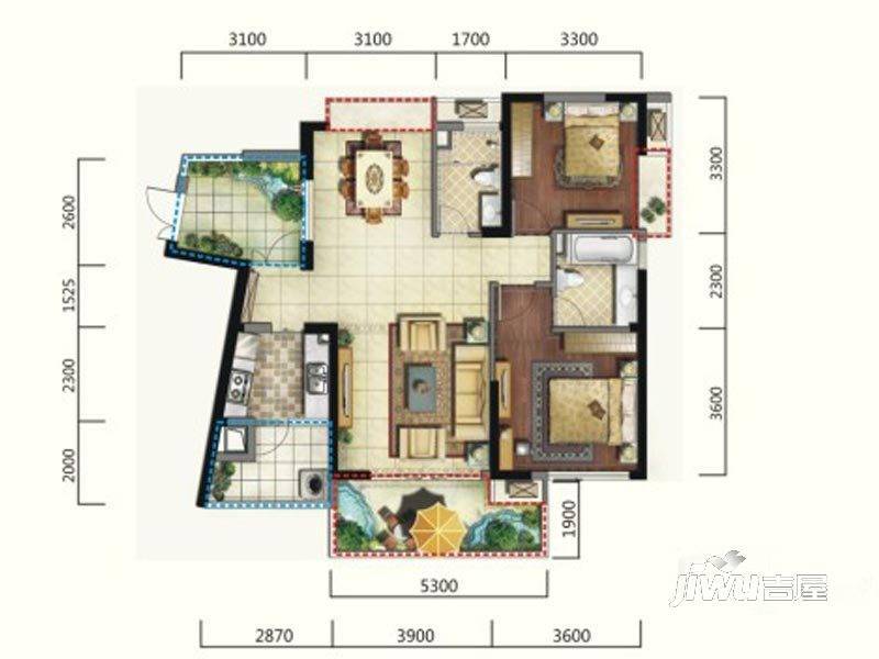 恒大天府半岛2室2厅2卫110.3㎡户型图