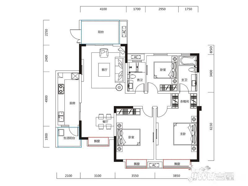 恒大天府半岛3室2厅2卫135㎡户型图