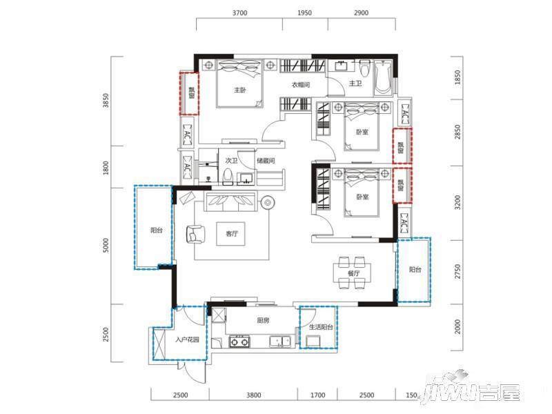 恒大天府半岛3室2厅2卫136㎡户型图