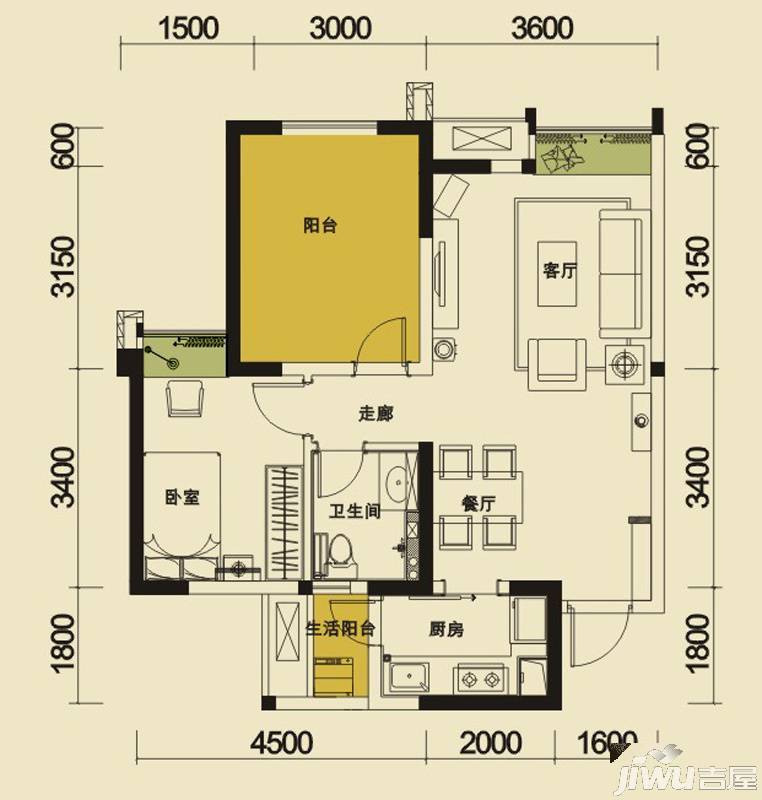 华润二十四城1室2厅1卫65㎡户型图