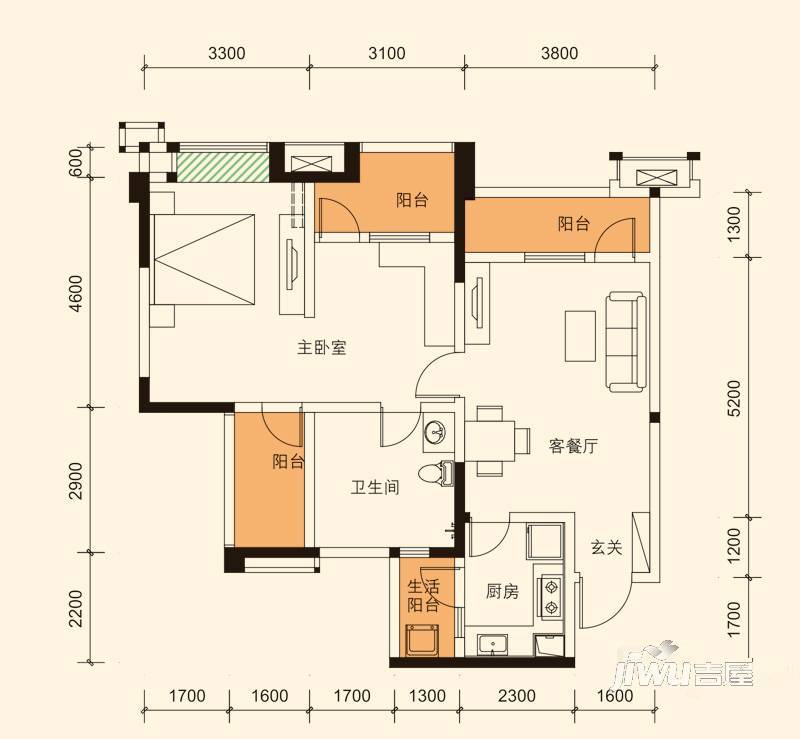 华润二十四城1室2厅1卫88㎡户型图