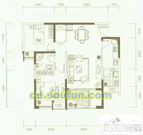 华润二十四城2室2厅1卫89㎡户型图