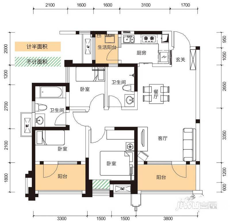 华润二十四城3室2厅2卫95㎡户型图