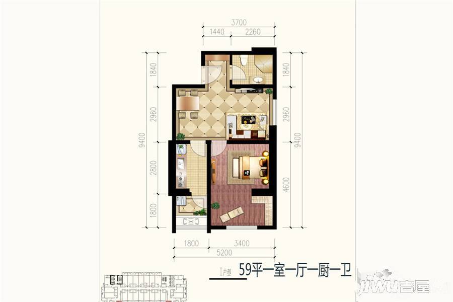 九锦1号1室1厅1卫59㎡户型图