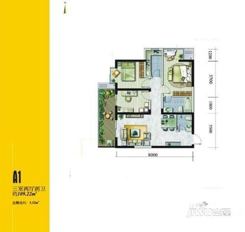 翡翠明珠3室2厅2卫109.2㎡户型图