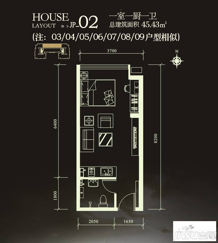 金品会展世界城1室0厅1卫45.4㎡户型图