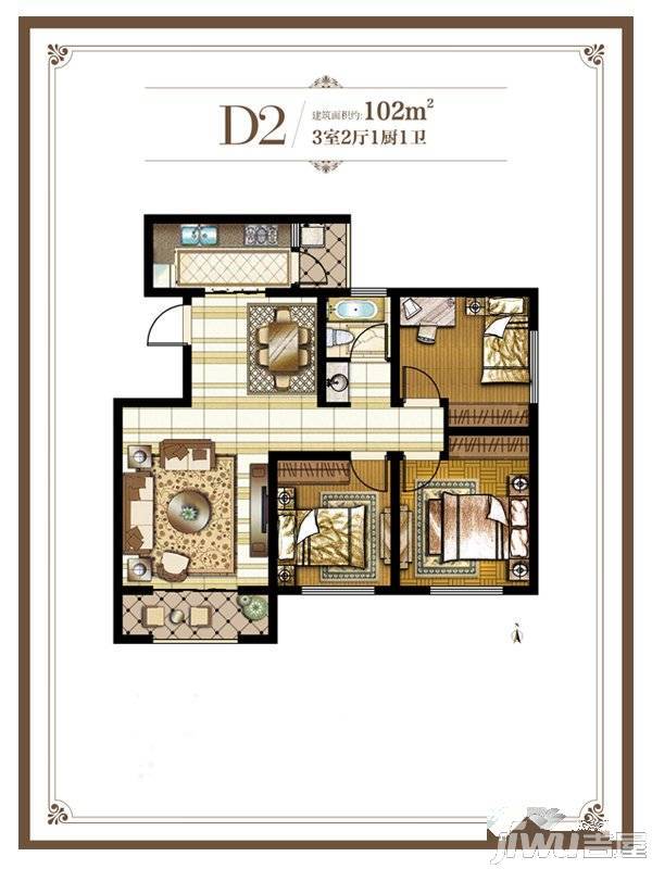 铂瑞公馆3室2厅1卫102㎡户型图